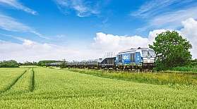 Der blaue AUTOZUG Sylt fährt durch eine grüne Landschaft.