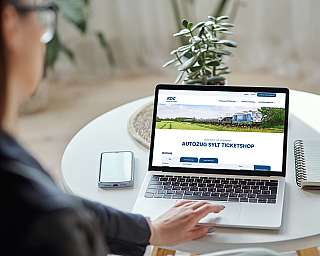 Eine Frau schaut auf den Screen eines Laptops, auf dem der Online-Shop vom blauen AUTOZUG Sylt geöffnet ist.