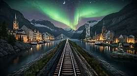 KI-Visual der Nachtzugverbindung Basel – Kopenhagen – Malmö mit Sehenswürdigkeiten entlang der Strecke.