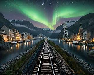 KI-Visual der Nachtzugverbindung Basel – Kopenhagen – Malmö mit Sehenswürdigkeiten entlang der Strecke.